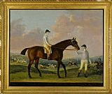 Francis Sartorius Portrait of Henry Comptons Race Horse Cottager Held by a Groom with Jockey and a Race Beyond painting